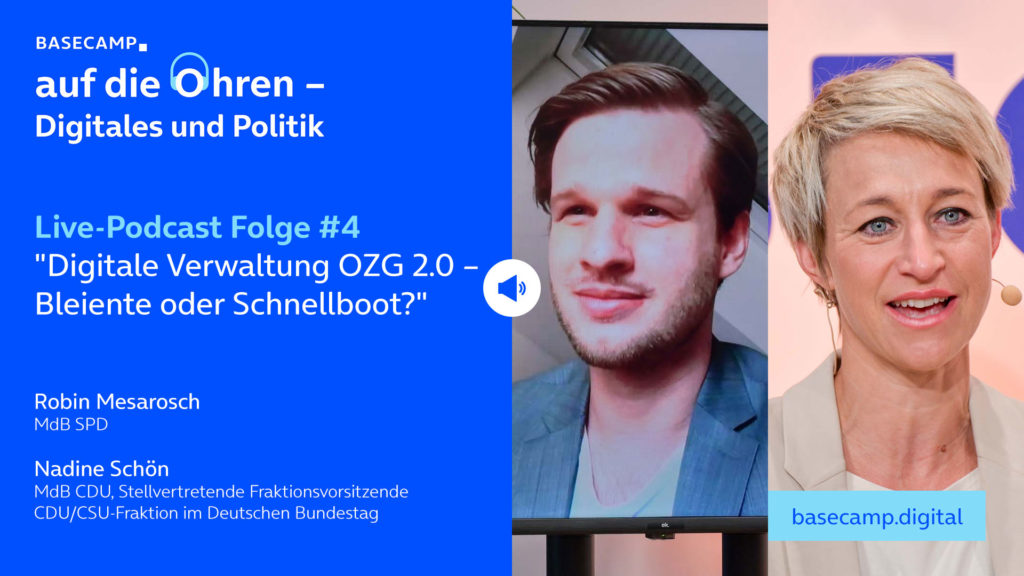 Live-Podcast Folge 4 „Digitale Verwaltung OZG 2.0 – Bleiente oder Schnellboot?“ auf YouTube anhören.
Mit dabei:
Nadine Schön, MdB CDU, Stellvertretende Fraktionsvorsitzende CDU/CSU-Fraktion im Deutschen Bundestag
und Robin Mesarosch, MdB SPD.
Moderation: Marina Grigorian, Repräsentantin Berlin bei Telefónica Deutschland.