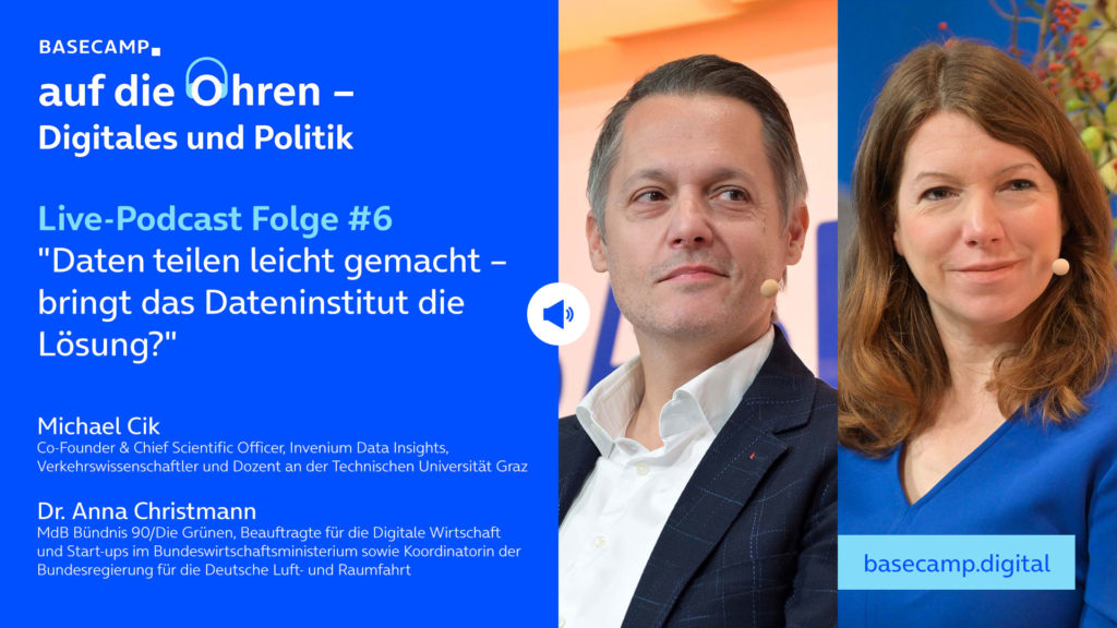 Live-Podcast Folge 6 „Daten teilen leicht gemacht – bringt das Dateninstitut die Lösung?“ auf YouTube anhören.
Mit dabei:
Dr. Anna Christmann, MdB Bündnis 90/Die Grünen, Beauftragte für die Digitale Wirtschaft und Start-ups im Bundeswirtschaftsministerium sowie Koordinatorin der Bundesregierung für die Deutsche Luft- und Raumfahrt
und Michael Cik, Co-Founder & Chief Scientific Officer, Invenium Data Insights,
Verkehrswissenschaftler und Dozent an der Technischen Universität Graz.
Moderation: Julia Riess, Team Government Relations bei Telefónica Deutschland.