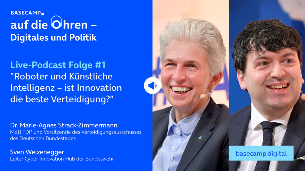 Live-Podcast Folge 1 „Roboter und Künstliche Intelligenz – ist Innovation die beste Verteidigung?“ auf YouTube anhören.
Mit dabei:
Dr. Marie-Agnes Strack-Zimmermann, MdB FDP, Vorsitzende des Verteidigungsausschusses des Deutschen Bundestages
und Sven Weizenegger, Leiter Cyber Innovation Hub der Bundeswehr.
Moderation: Nicole Nehaus-Laug, Senior Manager Public Relations bei Telefónica Deutschland.