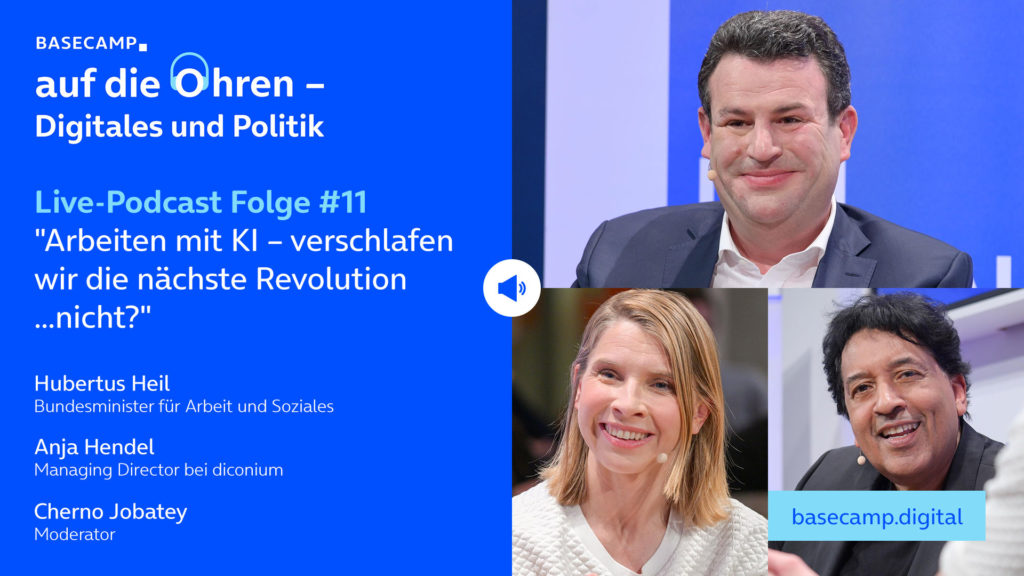 Live-Podcast Folge 11 „Arbeiten mit KI – verschlafen wir die nächste Revolution…nicht?“ auf YouTube anhören.
Mit dabei:
Hubertus Heil, Bundesminister für Arbeit und Soziales
und Anja Hendel, Managing Director bei diconium.
Moderation: Cherno Jobatey.