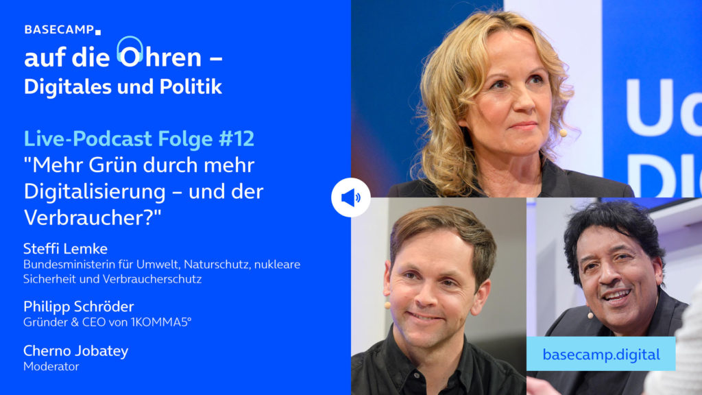 Live-Podcast Folge 12 „Mehr Grün durch mehr Digitalisierung – und der Verbraucher?“ auf YouTube anhören.
Mit dabei:
Steffi Lemke, Bundesministerin für Umwelt, Naturschutz, nukleare Sicherheit und Verbraucherschutz
und Philipp Schröder, Gründer & CEO von 1KOMMA5°.
Moderation: Cherno Jobatey.
