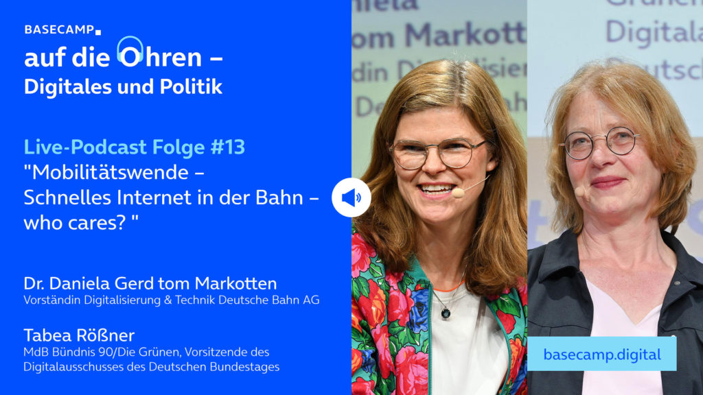 Live-Podcast Folge 13 „Mobilitätswende – Schnelles Internet in der Bahn – who cares?“ auf YouTube anhören.
Mit dabei:
Dr. Daniela Gerd tom Markotten, Vorständin Digitalisierung & Technik  Deutsche Bahn AG 
und Tabea Rößner, MdB Bündnis 90/Die Grünen, Vorsitzende des Digitalausschusses des Deutschen Bundestages.
Moderation: Philippe Gröschel, Director Government Relations bei o2 Telefónica.