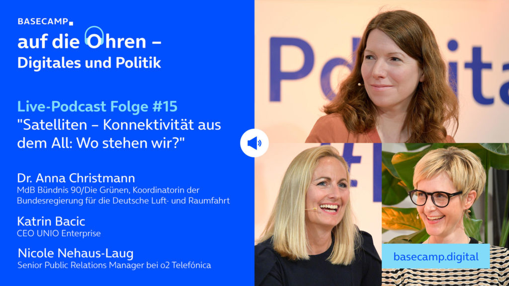 Live-Podcast Folge 15 „Satelliten – Konnektivität aus dem All: Wo stehen wir?“ auf YouTube anhören.
Mit dabei:
Dr. Anna Christmann, MdB Bündnis 90/Die Grünen, Koordinatorin der Bundesregierung für die Deutsche Luft- und Raumfahrt
und Katrin Bacic, CEO UNIO Enterprise.
Moderation: Nicole Nehaus-Laug, Senior Public Relations Manager bei o2 Telefónica.