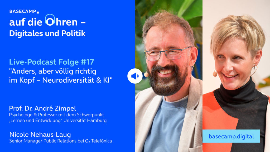 Live-Podcast Folge 17 „Anders, aber völlig richtig im Kopf – Neurodiversität & KI“ auf YouTube anhören.
Mit dabei:
Prof. Dr. André Zimpel, Psychologe & Professor mit dem Schwerpunkt „Lernen und Entwicklung“ Universität Hamburg.
Moderation: Nicole Nehaus-Laug, Senior Manager Public Relations bei o2 Telefónica.