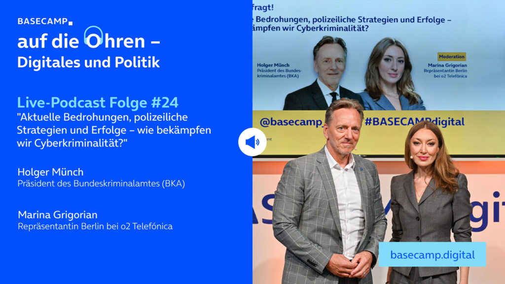 Live-Podcast Folge 24 „Aktuelle Bedrohungen, polizeiliche Strategien und Erfolge – wie bekämpfen wir Cyberkriminalität?“ auf YouTube anhören.
Mit dabei: Holger Münch, Präsident des Bundeskriminalamtes (BKA). Moderation: Moderation: Marina Grigorian, Repräsentantin Berlin bei o2 Telefónica