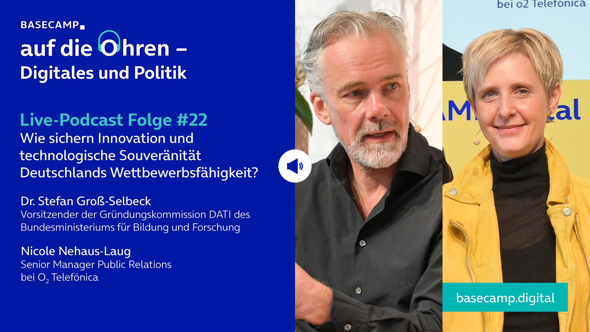 Live-Podcast Folge 22 „Wie sichern Innovation und technologische Souveränität Deutschlands Wettbewerbsfähigkeit?“ auf YouTube anhören. Mit dabei: Dr. Stefan Groß-Selbeck, Vorsitzender der Gründungskommission DATI des Bundesministeriums für Bildung und Forschung. Moderation: Nicole Nehaus-Laug, Senior Manager Public Relations bei o2 Telefónica.