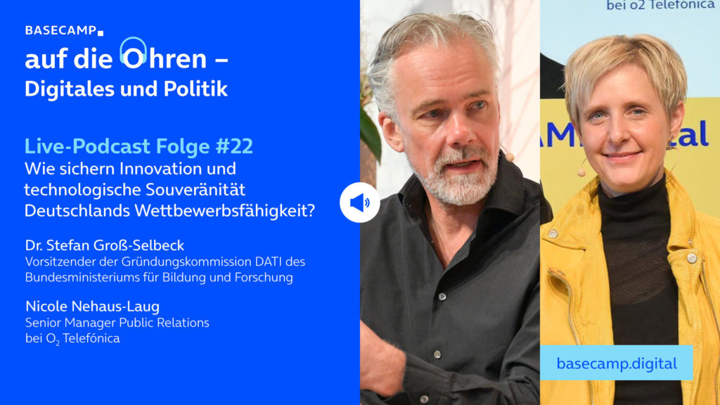 Live-Podcast Folge 22 „Wie sichern Innovation und technologische Souveränität Deutschlands Wettbewerbsfähigkeit?“ auf YouTube anhören.
Mit dabei:
Dr. Stefan Groß-Selbeck, Vorsitzender der Gründungskommission DATI des Bundesministeriums für Bildung und Forschung.
Moderation: Nicole Nehaus-Laug, Senior Manager Public Relations bei o2 Telefónica.