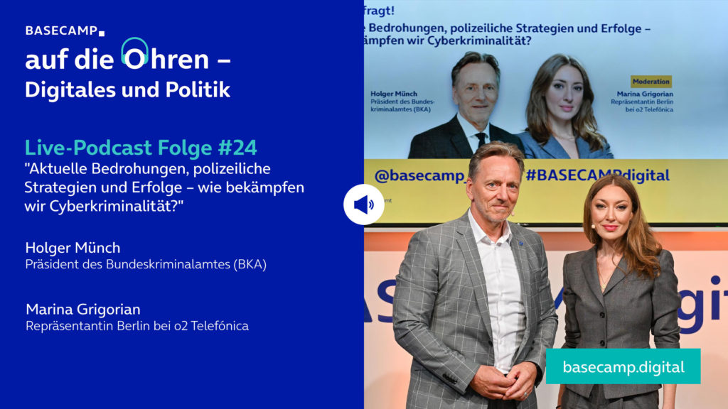 Live-Podcast Folge 24 „Aktuelle Bedrohungen, polizeiliche Strategien und Erfolge – wie bekämpfen wir Cyberkriminalität?“ auf YouTube anhören.
Mit dabei: Holger Münch, Präsident des Bundeskriminalamtes (BKA). Moderation: Moderation: Marina Grigorian, Repräsentantin Berlin bei o2 Telefónica