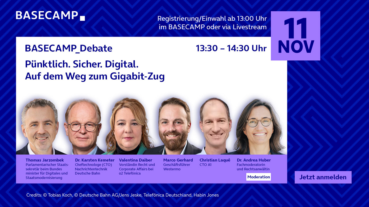 Jetzt auf der Plattform AirLST zur Veranstaltung anmelden: "BASECAMP_Debate: Pünktlich. Sicher. Digital. Auf dem Weg zum Gigabit-Zug" Link öffnet im neuen Tab.