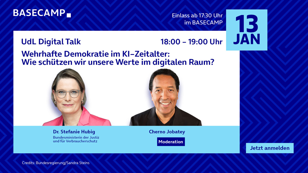 Jetzt auf der Plattform AirLST zur Veranstaltung anmelden: "UdL Digital Talk mit Dr. Stefanie Hubig: Wehrhafte Demokratie im KI–Zeitalter" Link öffnet im neuen Tab.
