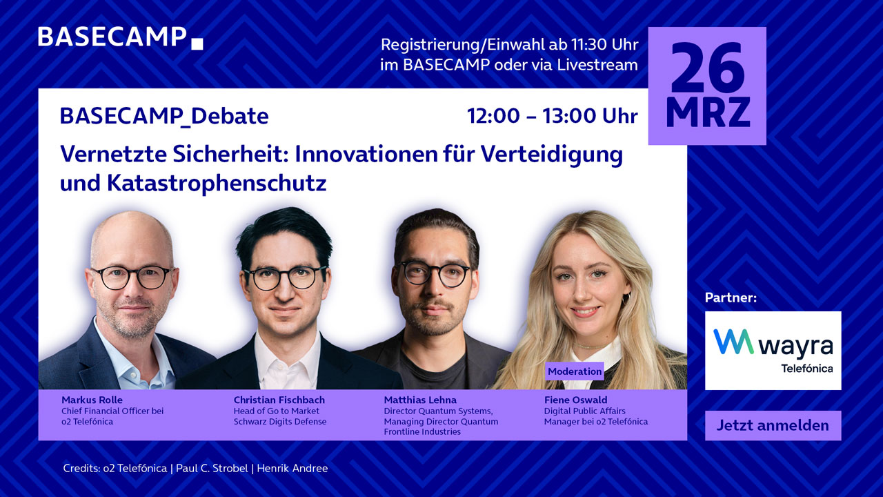 Jetzt auf der Plattform AirLST zur Veranstaltung anmelden: "BASECAMP_Debate: Vernetzte Sicherheit: Innovationen für Verteidigung und Katastrophenschutz" Link öffnet im neuen Tab.