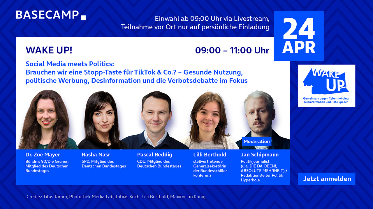 Jetzt per E-Mail zur Veranstaltung anmelden: "WAKE UP! Social Media meets Politics: Brauchen wir eine Stopp-Taste für TikTok & Co?" Link öffnet als neue E-Mail.