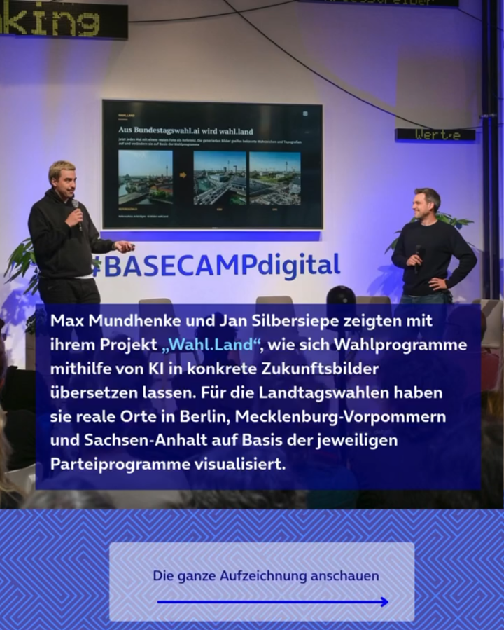 Max Mundhenke und Jan Silbersiepe zeigten mit ihrem Projekt "Wahl.Land", wie sich Wahlprogramme mithilfe von KI in konkrete Zukunftsbilder übersetzen lassen. Für die Landtagswahlen haben sie reale Orte in Berlin, Mecklenburg-Vorpommern und Sachsen-Anhalt auf Basis der jeweiligen Parteiprogramme visualisiert.