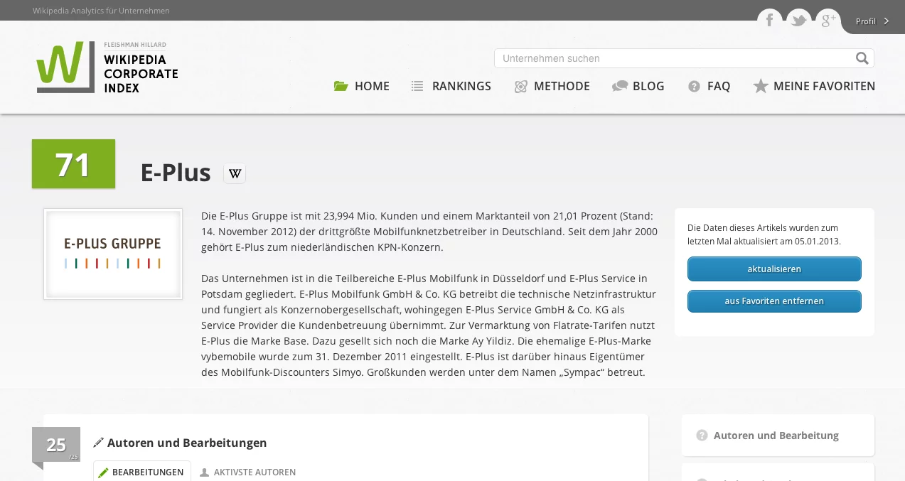 Die Profil-Seite der E-Plus Gruppe im Wikipedia Corporate Index
