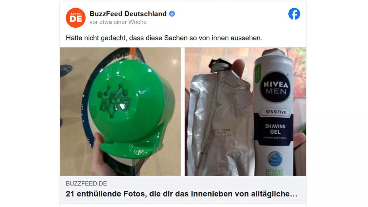 Buzzfeed Deutschland Post auf Facebook. 21 enthüllende Fotos, die das Innenleben von Alltagsgegenständen zeigen. Eine Dose Rasiergeld enthält laut Foto einen Alubeutel.