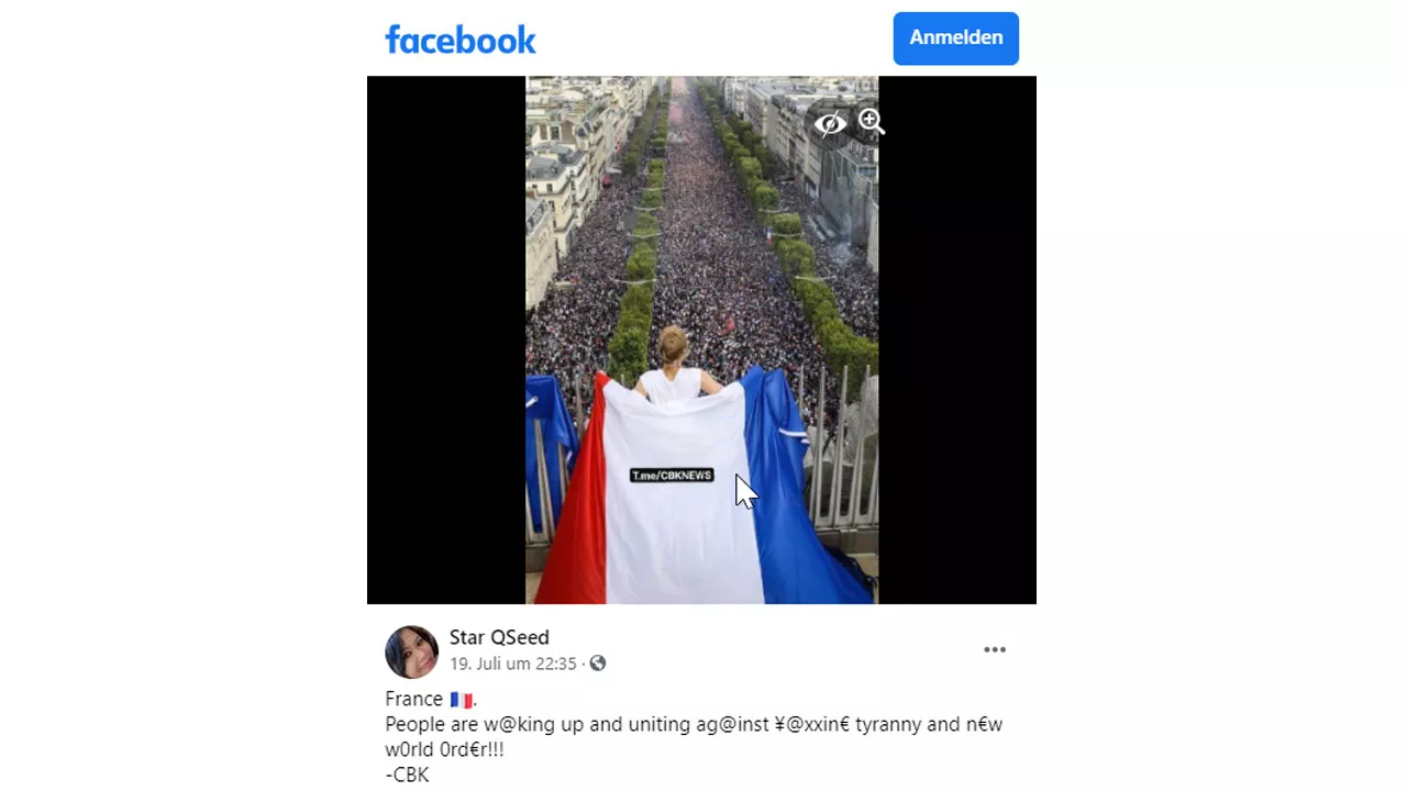Facebook Post der Nutzerin Star QSeed. Menschenmassen gehen in Frankreich auf die Straße. Ein Text voller Sonderzeichen anstelle von Buchstaben sagt: 