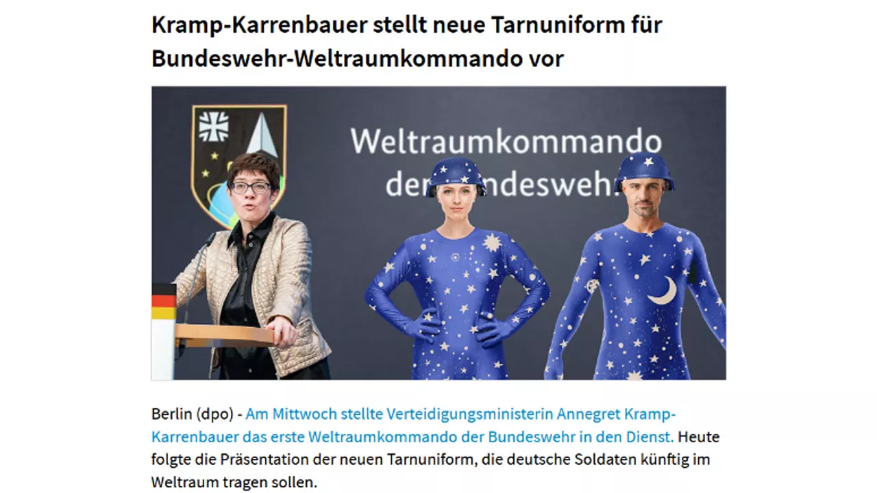 Kramp-Karrenbauer stellt neue Tarnuniform für Bundeswehr-Weltraumkommando vor.Berlin. Am Mittwoch stellte Verteidigungsministerim Kramp-Karrenbauer das erste Weltraumkommando der Bundeswehr in den Dienst. Heute folgte die Präsentation der neuen Tarnuniform. Die Soldaten tragen enge Anzüge mit Sonne-Mond-und-Sterne-Druck mit gelben Sternen auf blauem Stoff.