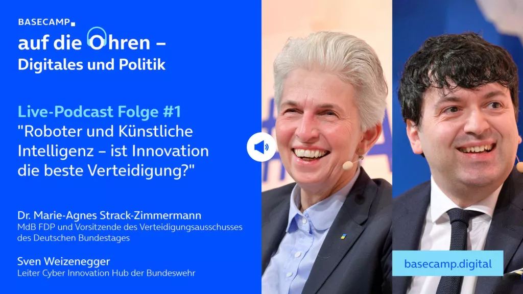 Live-Podcast Folge 1 „Roboter und Künstliche Intelligenz – ist Innovation die beste Verteidigung?“ auf YouTube anhören.Mit dabei:Dr. Marie-Agnes Strack-Zimmermann, MdB FDP, Vorsitzende des Verteidigungsausschusses des Deutschen Bundestagesund Sven Weizenegger, Leiter Cyber Innovation Hub der Bundeswehr.Moderation: Nicole Nehaus-Laug, Senior Manager Public Relations bei Telefónica Deutschland.
