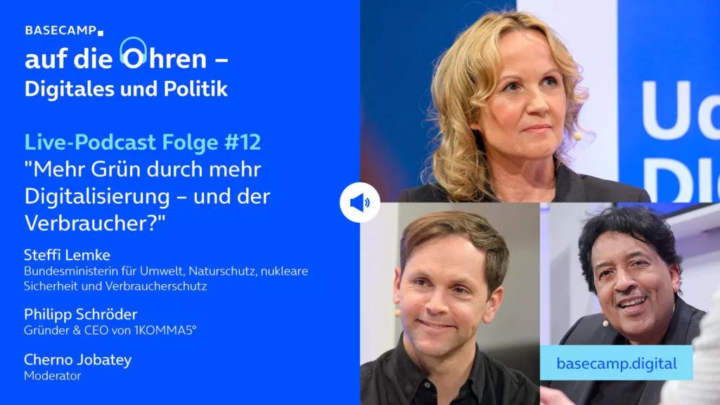 Live-Podcast Folge 12 „Mehr Grün durch mehr Digitalisierung – und der Verbraucher?“ auf YouTube anhören.Mit dabei:Steffi Lemke, Bundesministerin für Umwelt, Naturschutz, nukleare Sicherheit und Verbraucherschutzund Philipp Schröder, Gründer & CEO von 1KOMMA5°.Moderation: Cherno Jobatey.