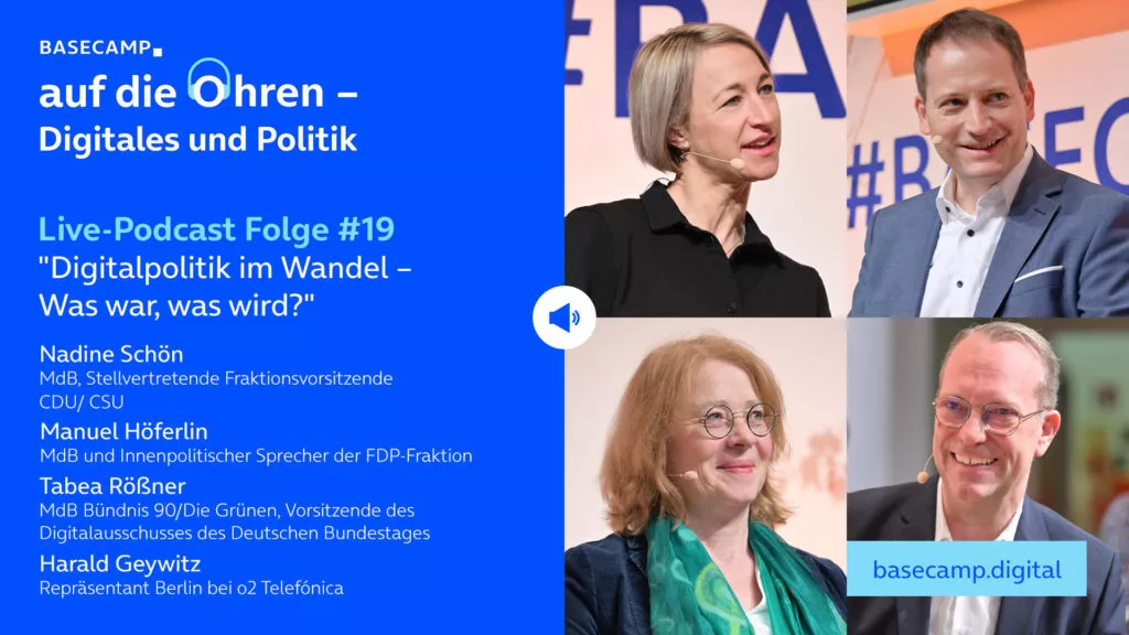 Live-Podcast Folge 19 „Digitalpolitik im Wandel – Was war, was wird?“ auf YouTube anhören.Mit dabei: Nadine Schön, MdB, Stellvertretende Fraktionsvorsitzende CDU/ CSU,Manuel Höferlin, MdB und Innenpolitischer Sprecher der FDP-Fraktion,und Tabea Rößner, MdB Bündnis 90/Die Grünen, Vorsitzende des Digitalausschusses des Deutschen Bundestages.Moderation: Harald Geywitz, Repräsentant Berlin bei o2 Telefónica.