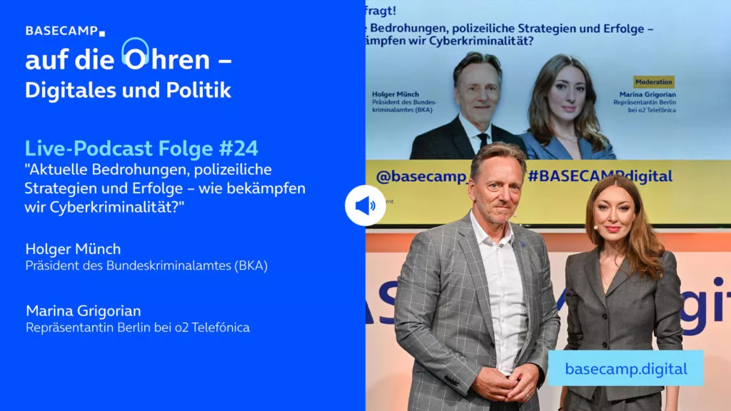 Live-Podcast Folge 24 „Aktuelle Bedrohungen, polizeiliche Strategien und Erfolge – wie bekämpfen wir Cyberkriminalität?“ auf YouTube anhören.Mit dabei: Holger Münch, Präsident des Bundeskriminalamtes (BKA). Moderation: Moderation: Marina Grigorian, Repräsentantin Berlin bei o2 Telefónica