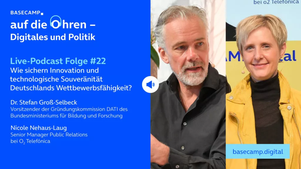 Live-Podcast Folge 22 „Wie sichern Innovation und technologische Souveränität Deutschlands Wettbewerbsfähigkeit?“ auf YouTube anhören.Mit dabei:Dr. Stefan Groß-Selbeck, Vorsitzender der Gründungskommission DATI des Bundesministeriums für Bildung und Forschung.Moderation: Nicole Nehaus-Laug, Senior Manager Public Relations bei o2 Telefónica.