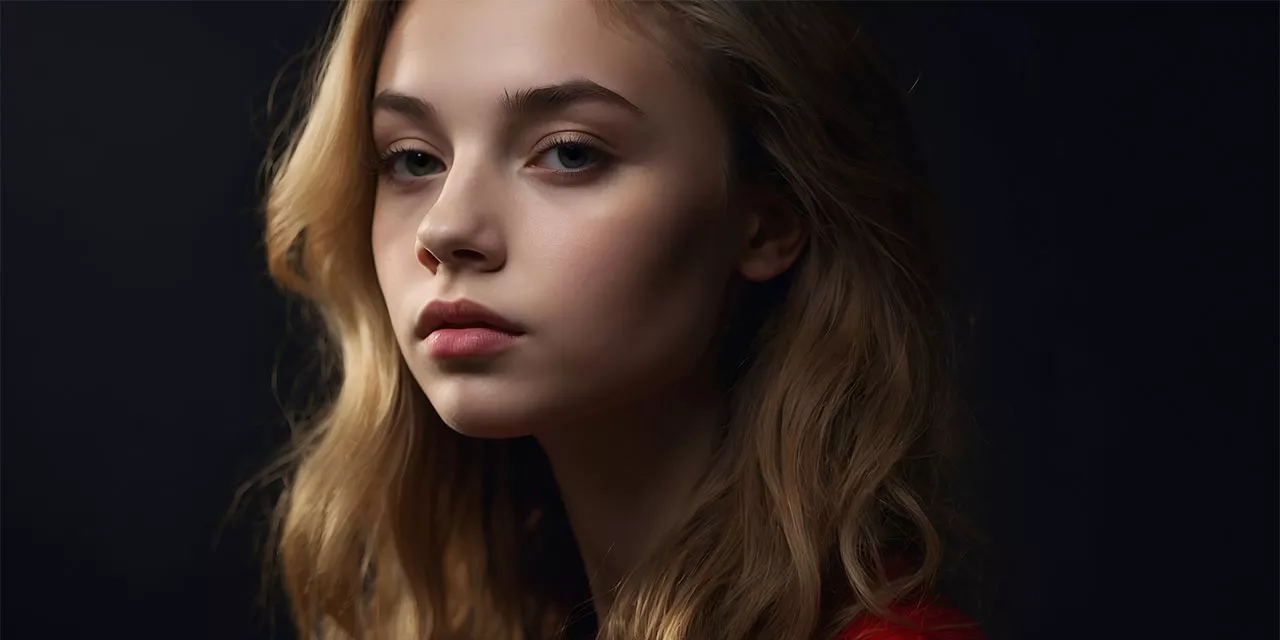 Portrait einer jungen blonden Frau, die mit neutralem Gesichtsausdruck direkt in die Kamera schaut.