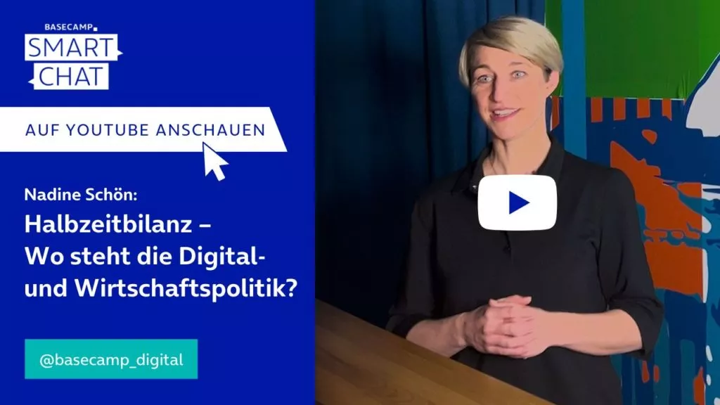 SMART CHAT mit Nadine Schön zum Thema “Halbzeitbilanz – Wo steht die Digital- und Wirtschaftspolitik?” auf YouTube aufrufen.
